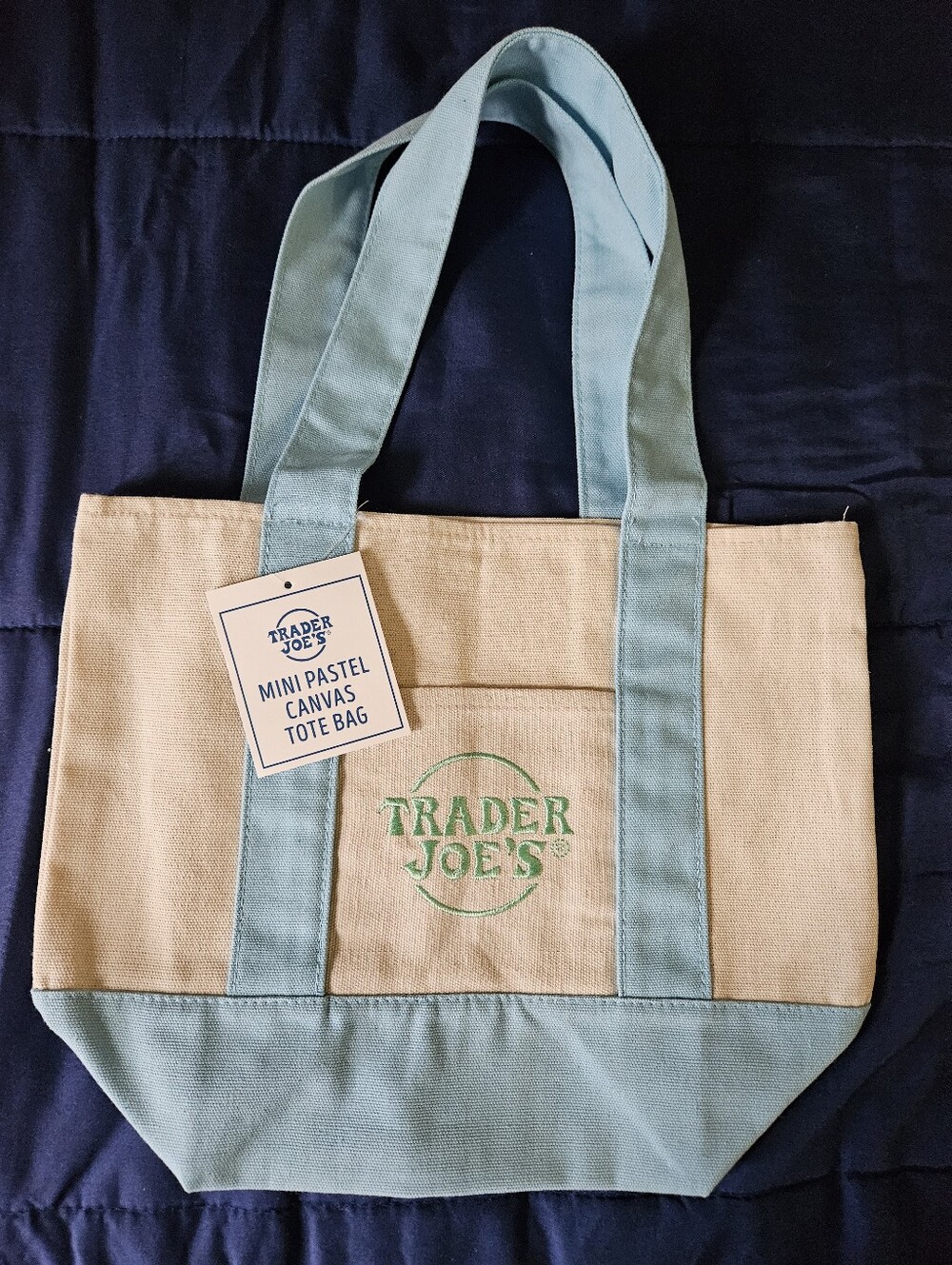 Trader Joe's Mini Pastel Canvas Tote in Light Blue and Cream